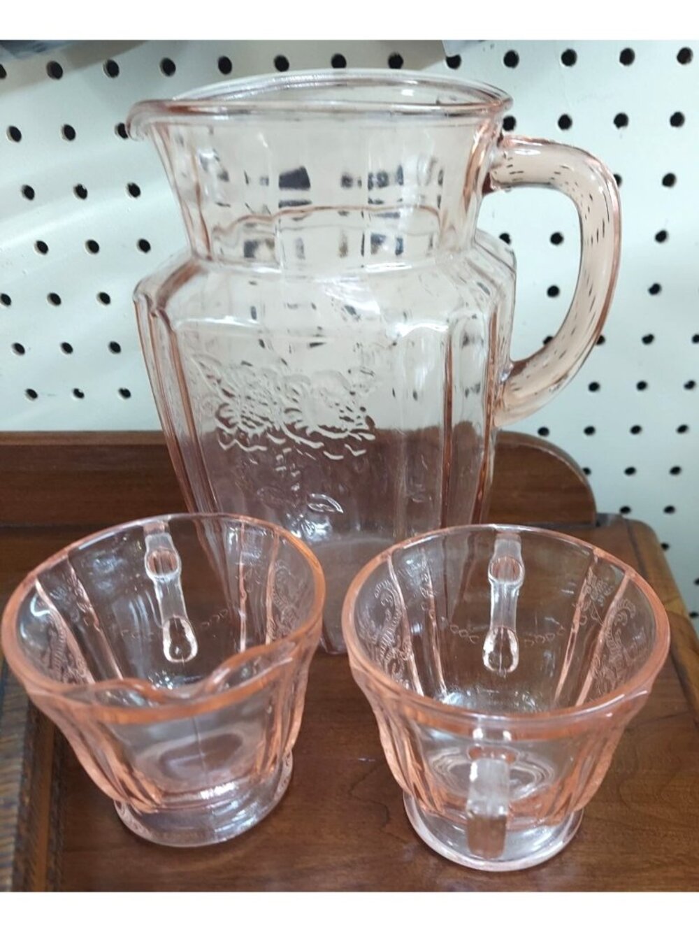 Pink Depression Glass Pitcher & 2 Matching Glasses - Vintage Set